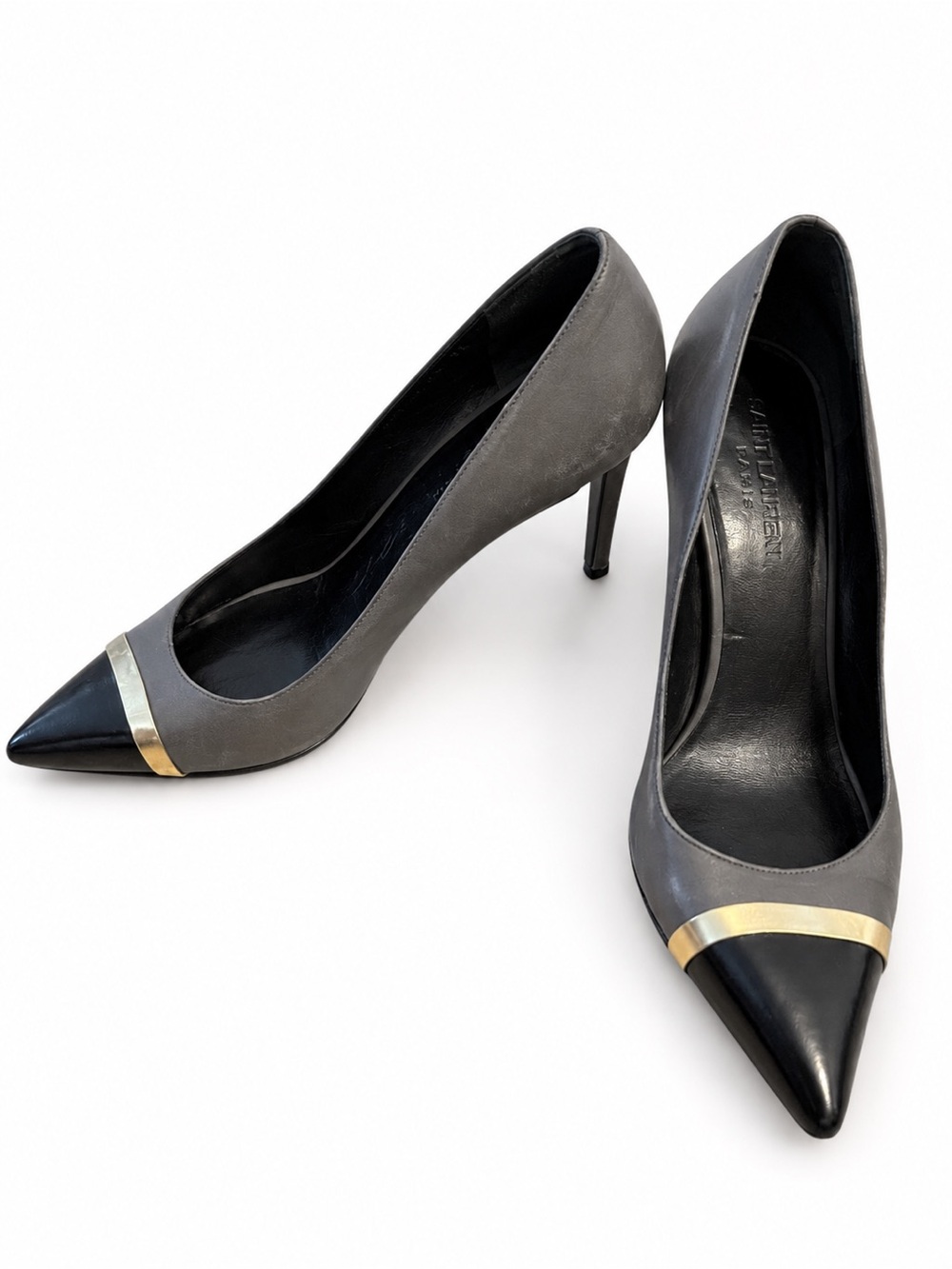 Saint Laurent YSL Gray Black Leather Cap Toe Pumps Gold Trim EU 38 US 7.5 - Picture 2 of 7